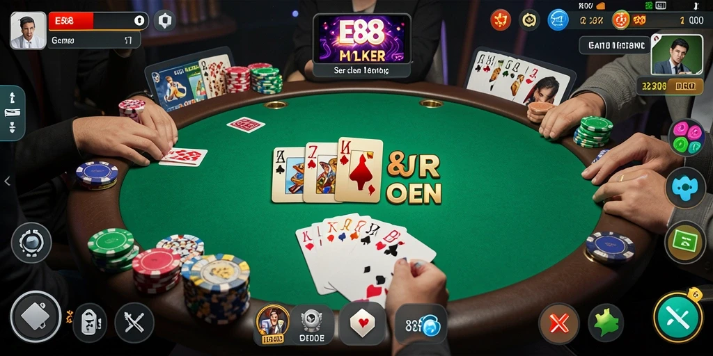 Screenshot gameplay E88 menunjukkan keseruan bermain poker secara online.