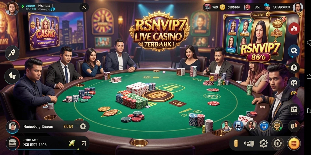 Screenshot gameplay RSNVIP7 yang menunjukkan dealer langsung dan sesi permainan.