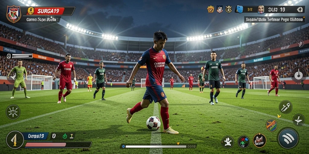 Screenshot utama SURGA19 menampilkan aksi seru di lapangan sepak bola.